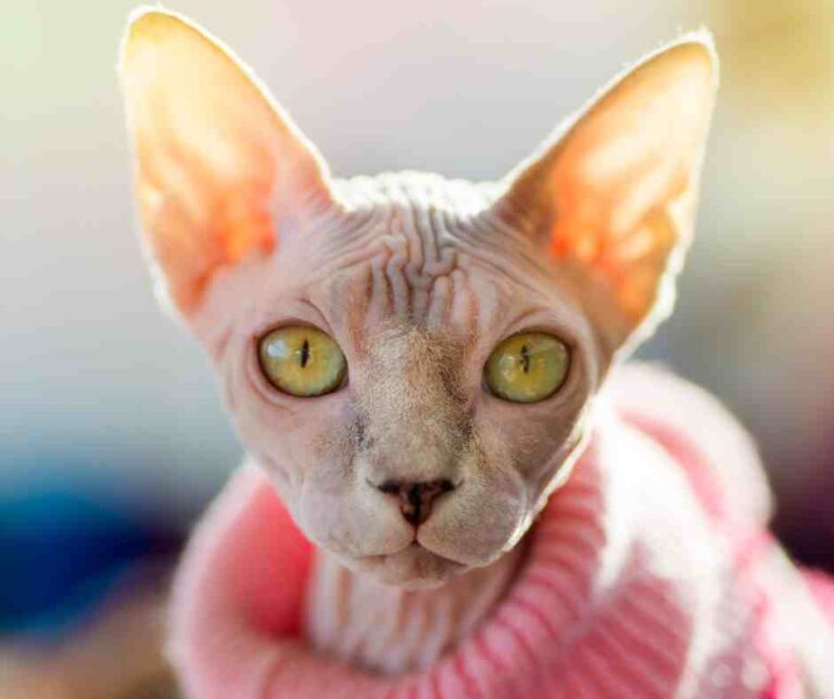 Sphynx cat wearing a pink sweater