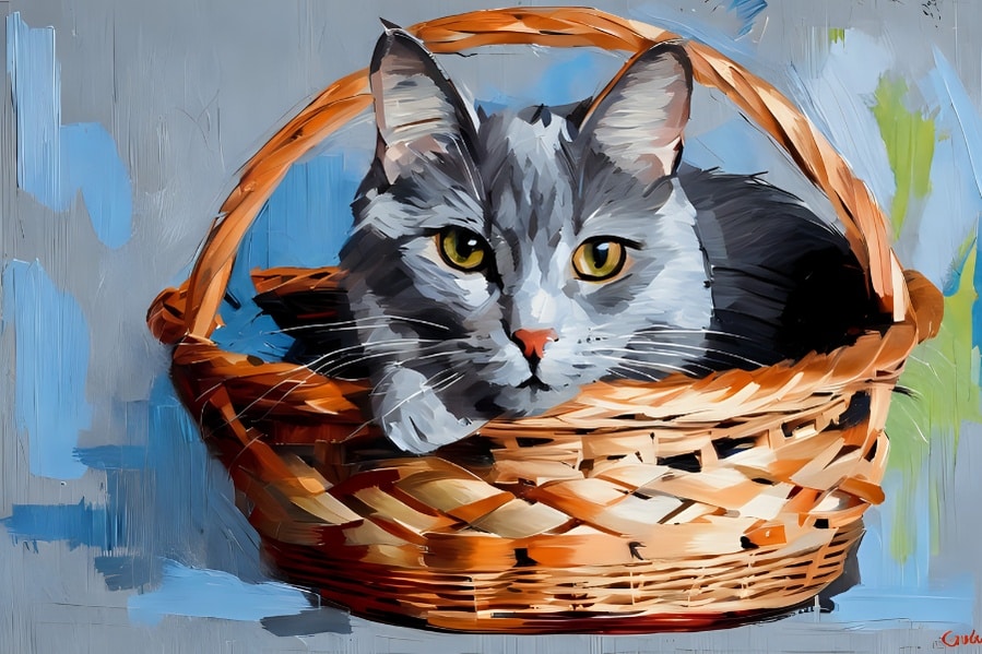 Drawing of a Russian blue cat in a basket depicting our Russian blue cats for adoption section