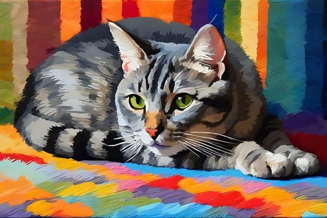 Painting of a gray tabby cat depicting our Alberta cats for adoption section.