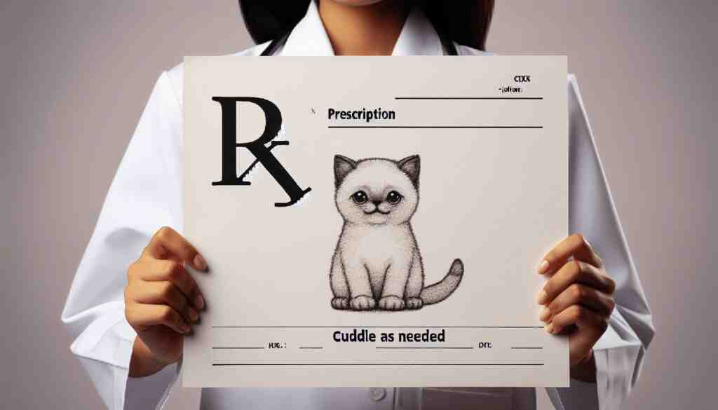 Rx cat cuddle as needed. Doctor prescribes cat therapy for a patient.