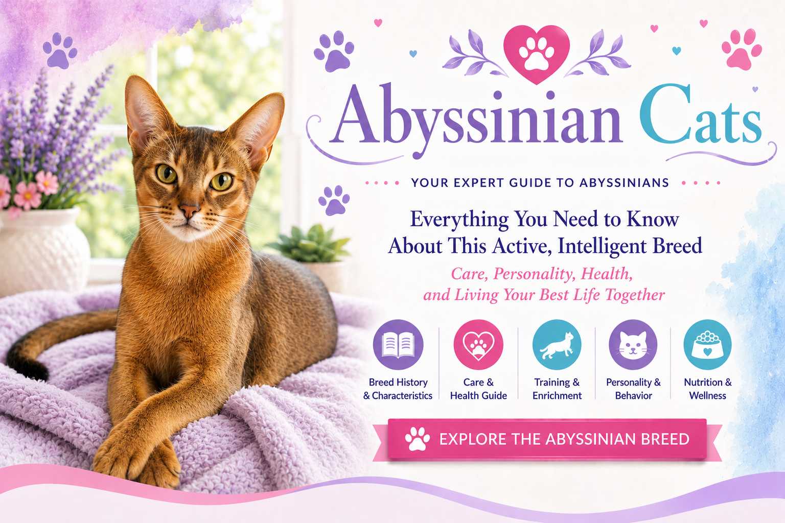 Abyssinian cat guide featuring the active, intelligent and curious Abyssinian breed, with information on care, personality, grooming, health and nutrition.