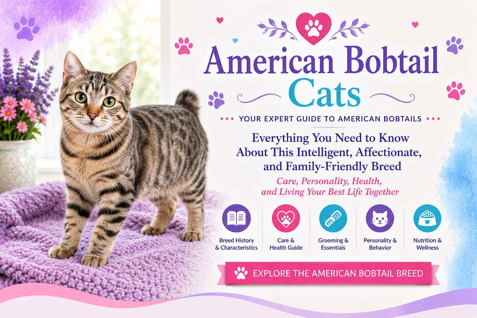 American Bobtail cat guide featuring the playful, intelligent and adaptable American Bobtail breed, with information on care, personality, grooming, health and nutrition.