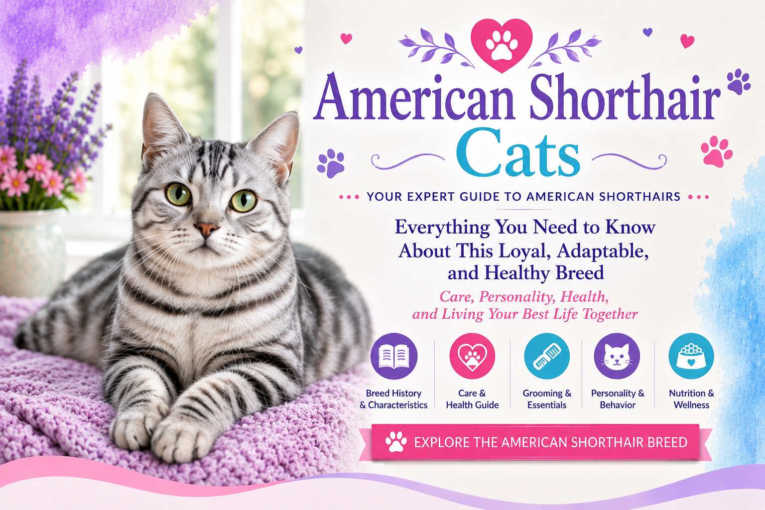 American Shorthair cat guide featuring the friendly, adaptable and easygoing American Shorthair breed, with information on care, personality, grooming, health and nutrition.