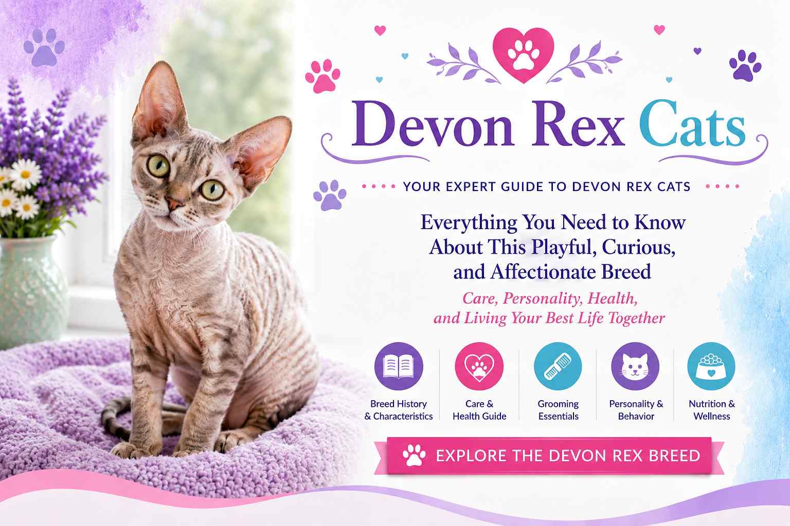 Devon Rex cat guide covering the breed’s personality, care, grooming, health and nutrition.