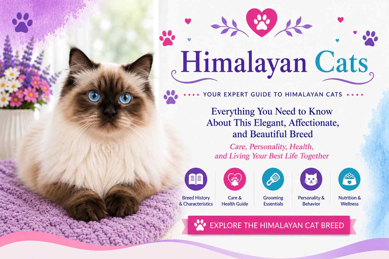 Himalayan cat guide featuring the gentle, affectionate and elegant Himalayan breed, with information on care, personality, grooming, health and nutrition.