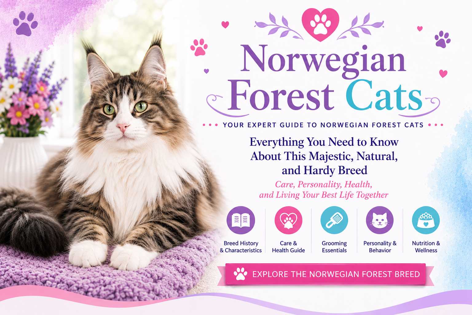 Norwegian Forest Cat with a thick double coat and bushy tail sitting in a natural woodland setting.
