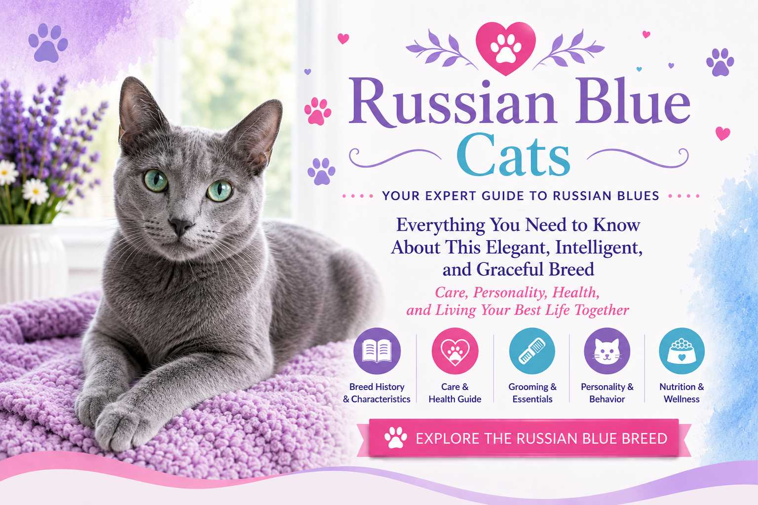 Russian Blue cat with a plush blue-gray coat and vivid green eyes sitting calmly indoors.