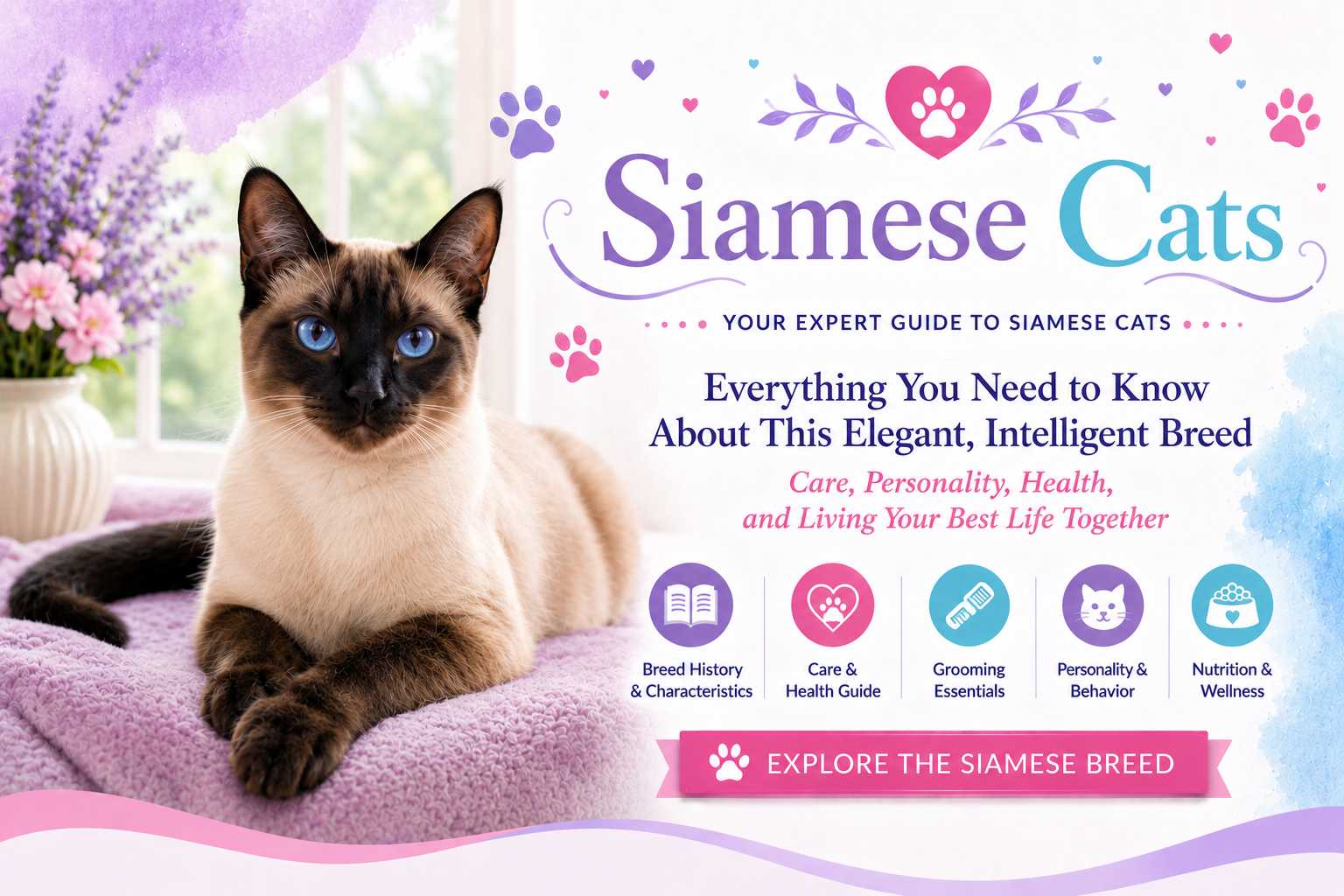 Elegant Siamese cat with striking blue eyes and a sleek cream-colored coat with dark points.