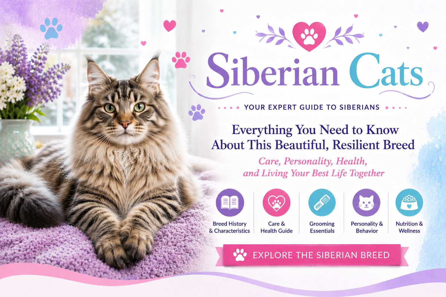 Siberian cat with a thick, luxurious coat and expressive eyes sitting in a natural setting.