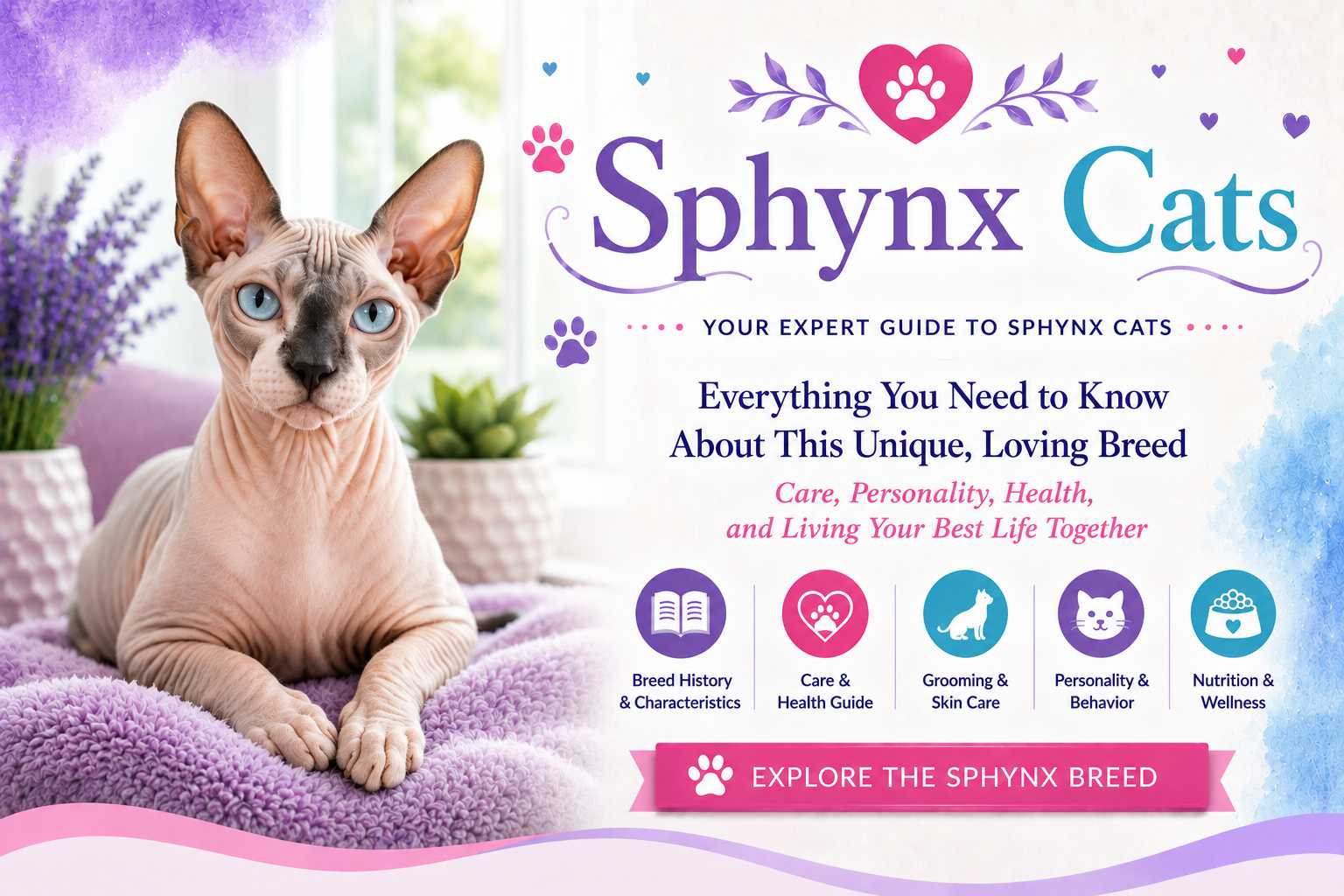 Sphynx cat with distinctive hairless skin, large ears and expressive eyes sitting confidently indoors.