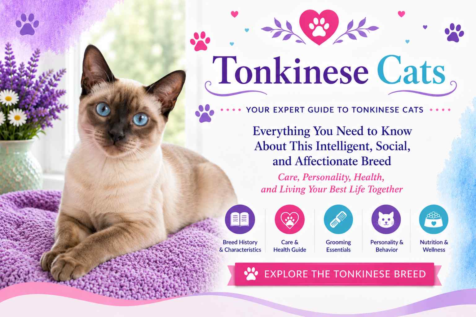 Tonkinese cat guide featuring the affectionate, intelligent and social Tonkinese breed, with information on care, personality, grooming, health and nutrition.