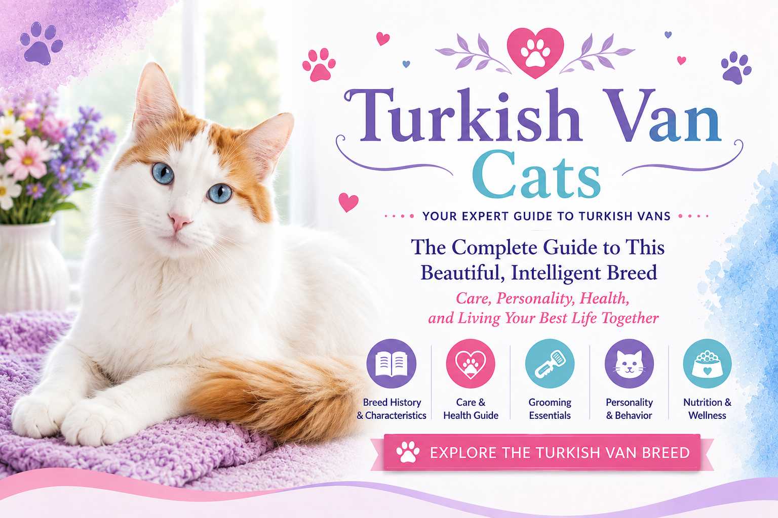 Turkish Van cat guide featuring the playful, intelligent and energetic Turkish Van breed, with information on care, personality, grooming, health and nutrition.
