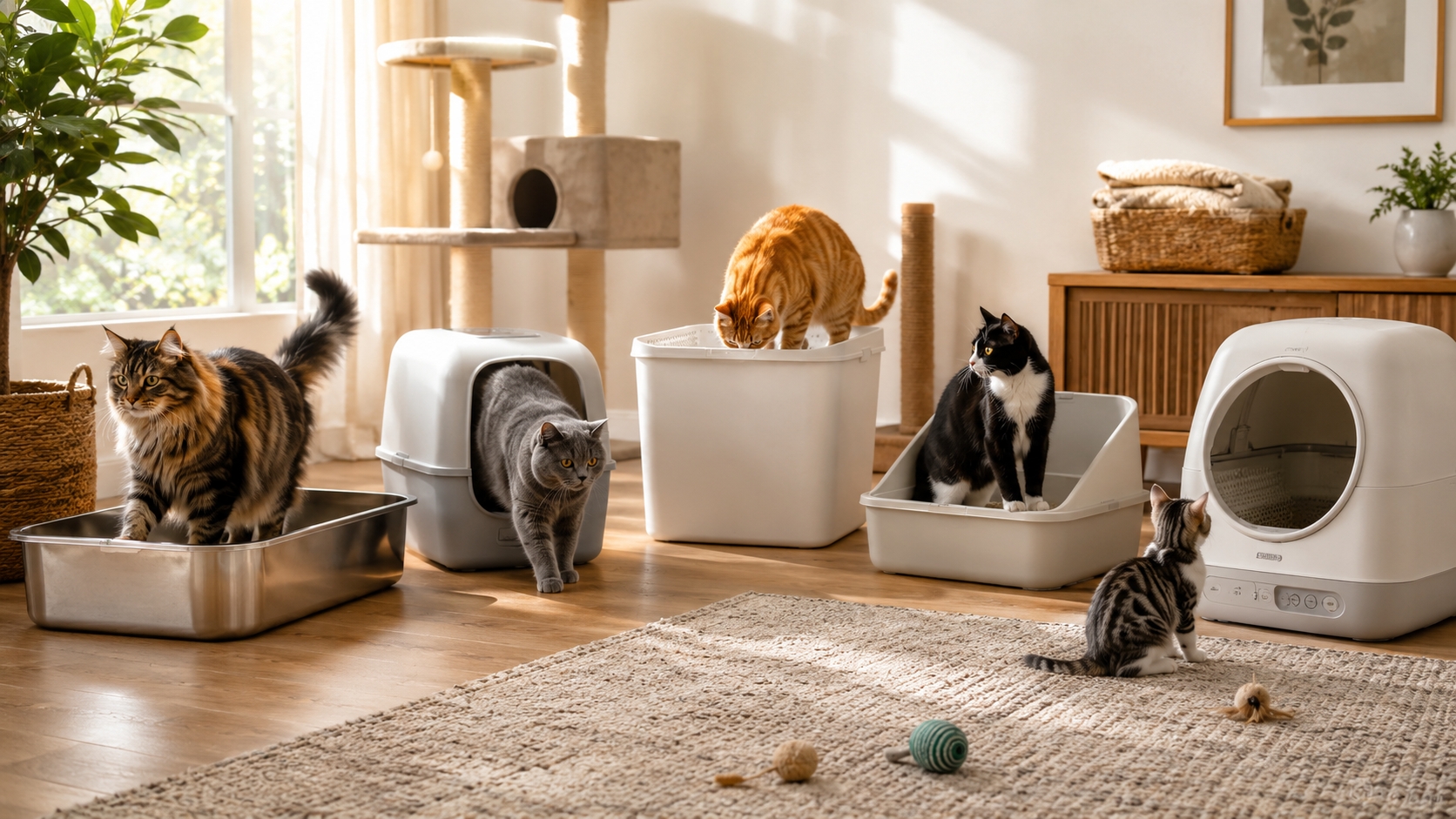 Cat Litter Boxes and cats and kittens.