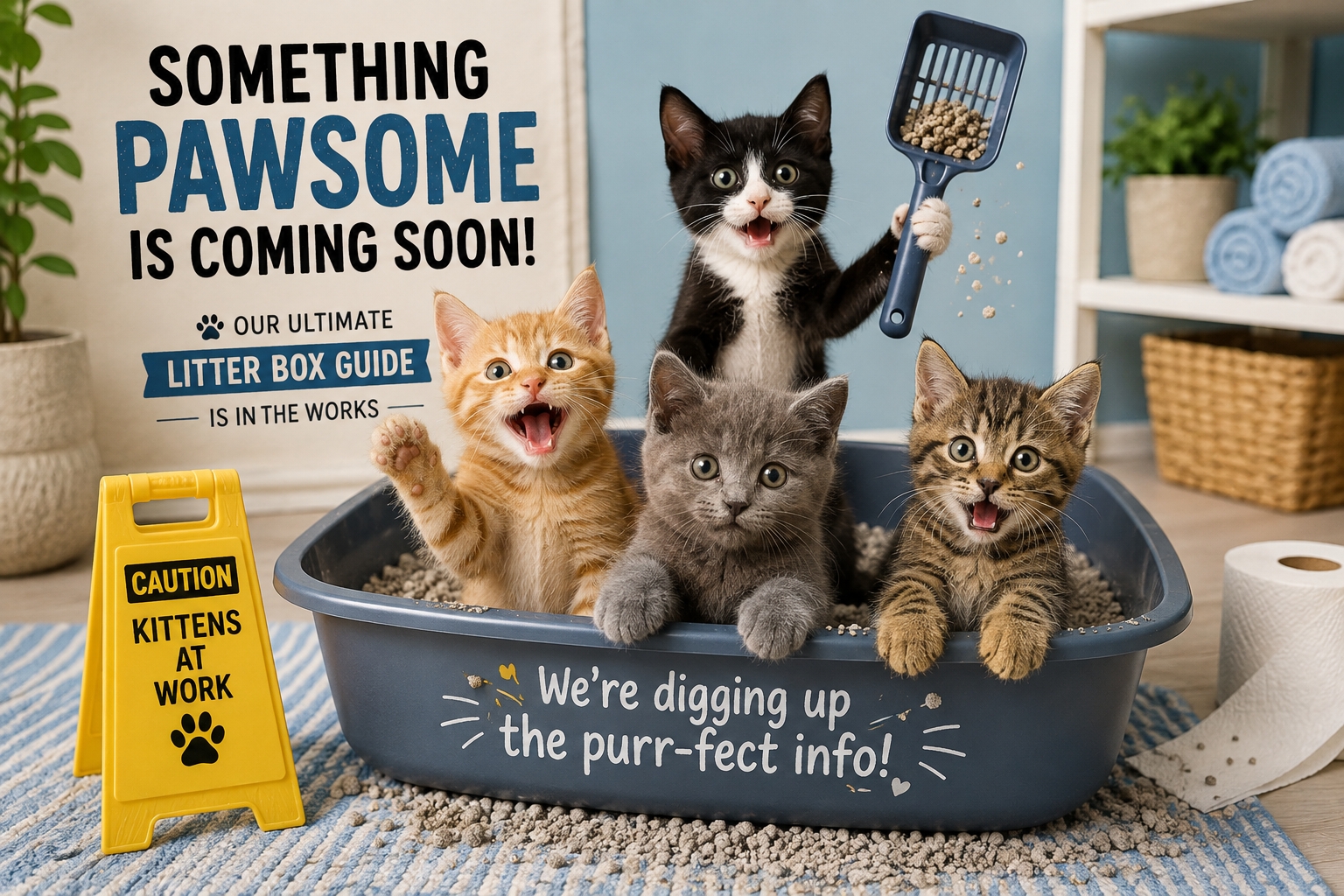 Kittens playfully digging in the litter box with a sign that says the ultimate cat litter box guide is coming soon
